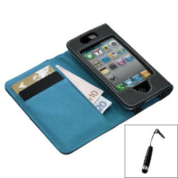 Housse etui portefeuille pour Apple Iphone 4 / 4S couleur bleu + Mini stylet + Film protecteur