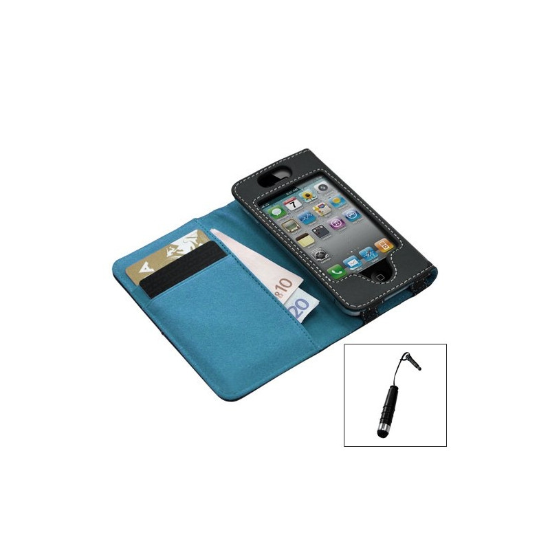 Housse etui portefeuille pour Apple Iphone 4 / 4S couleur bleu + Mini stylet + Film protecteur