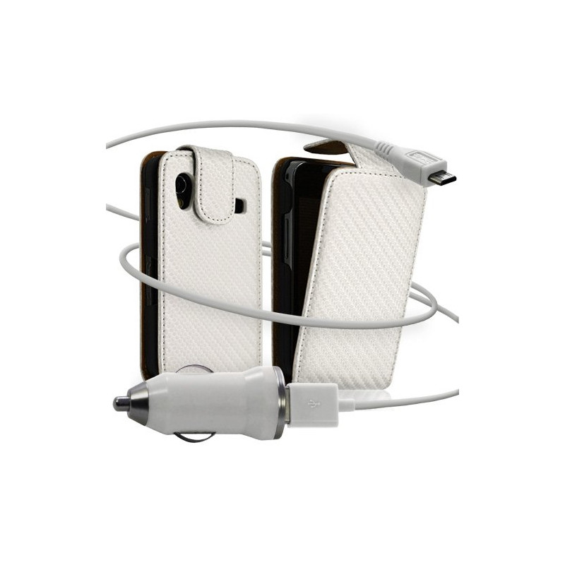 Housse coque etui gaufré + Chargeur Auto USB pour Samsung Galaxy Ace S5830 couleur blanc