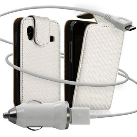 Housse coque etui gaufré + Chargeur Auto USB pour Samsung Galaxy Ace S5830 couleur blanc