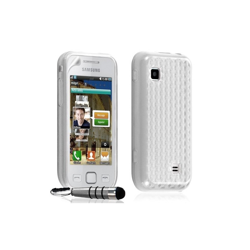 Housse coque gel damier transparent Samsung Wave 575 S5750 couleur blanc + stylet + film