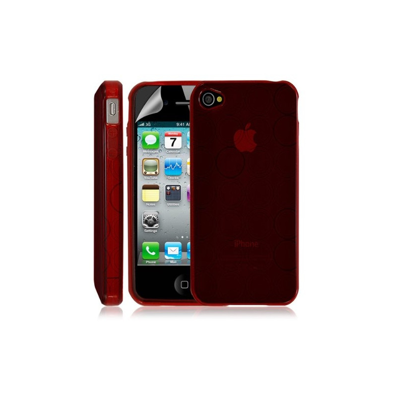 Housse coque etui gel rond transparent pour Apple Iphone 4/4S couleur rouge + Film protection