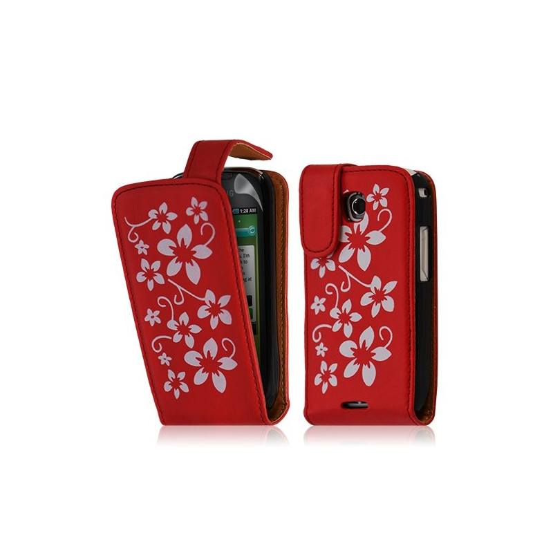 Housse coque étui pour Samsung Galaxy Teos i5800 motif fleurs couleur rouge + film