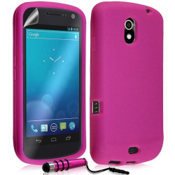 Housse étui coque en silicone pour Samsung Galaxy Nexus couleur rose fuschia + mini stylet + film écran