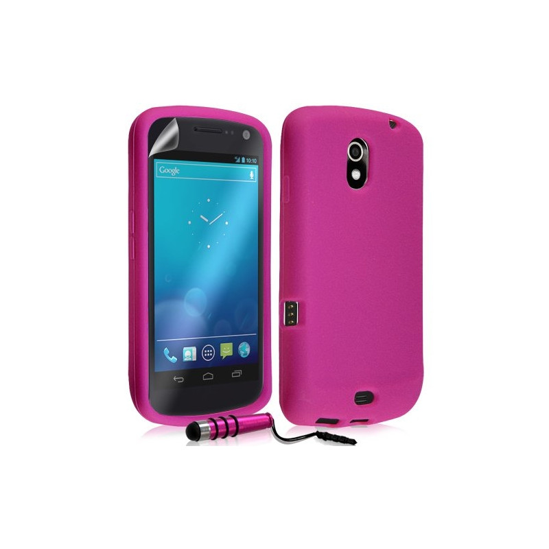 Housse étui coque en silicone pour Samsung Galaxy Nexus couleur rose fuschia + mini stylet + film écran