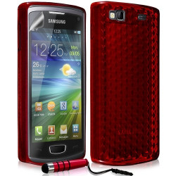 Housse étui coque en gel transparent pour Samsung Wave 3 motif damier couleur rouge + Mini stylet + film protecteur