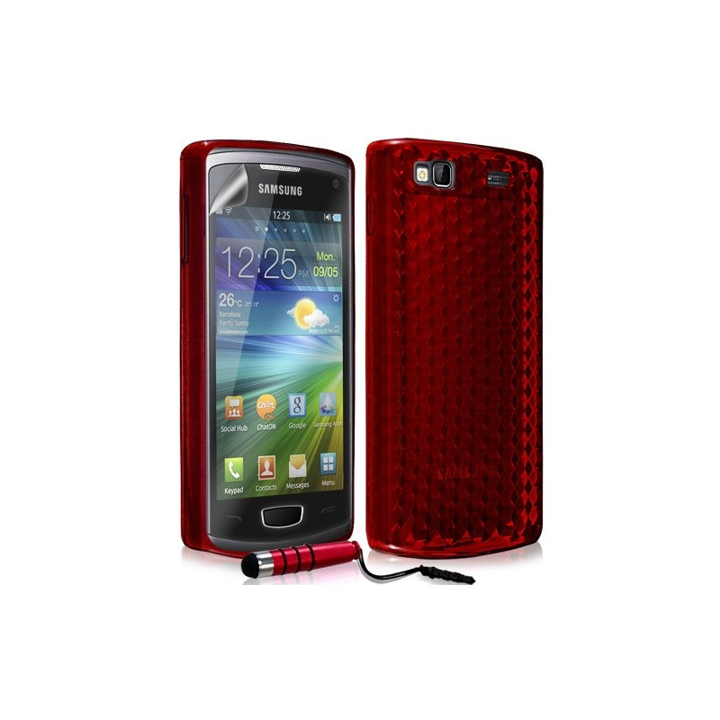 Housse étui coque en gel transparent pour Samsung Wave 3 motif damier couleur rouge + Mini stylet + film protecteur