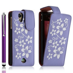 Housse étui coque pour Sony Ericsson Xperia Ray motif fleurs couleur violet + stylet luxe