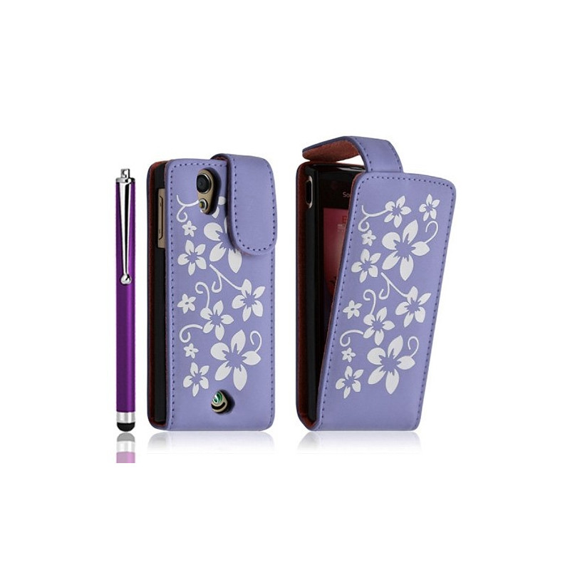 Housse étui coque pour Sony Ericsson Xperia Ray motif fleurs couleur violet + stylet luxe