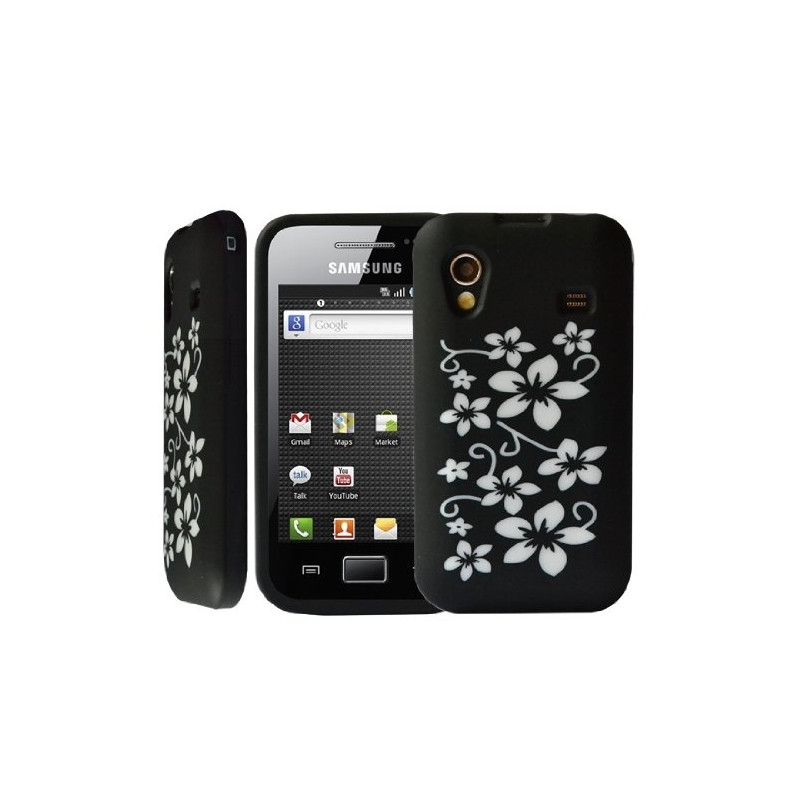 Housse étui coque silicone Samsung Galaxy Ace S5830 motif fleur noir