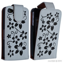 Housse étui coque pour Apple Iphone 4 couleur blanc motif fleurs + film protecteur