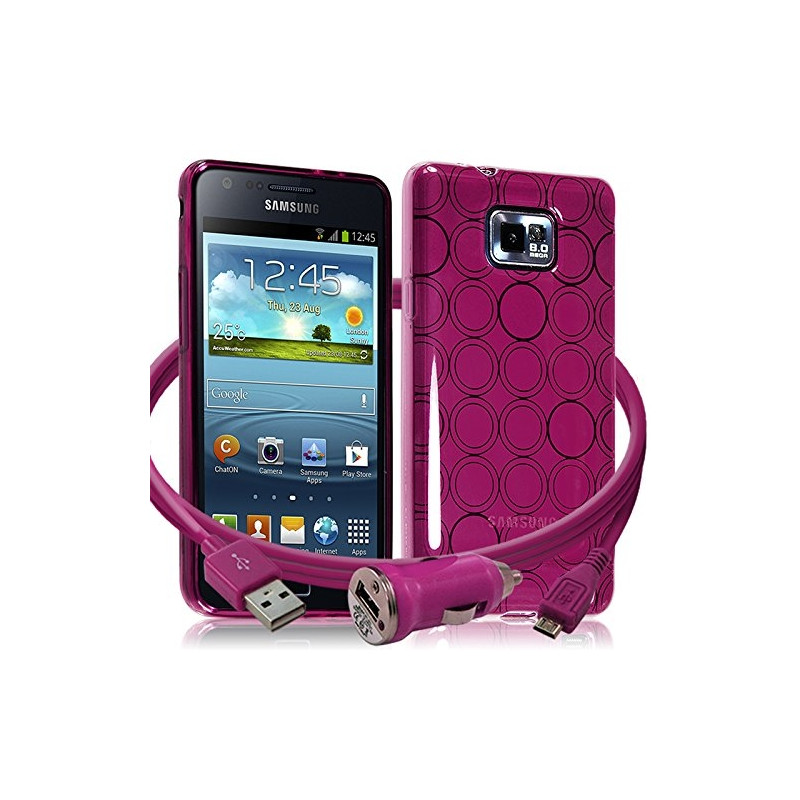 Housse Coque Style Rose Fushia Translucide Cercle pour Samsung Galaxy S2 / S2 Plus + Chargeur Auto