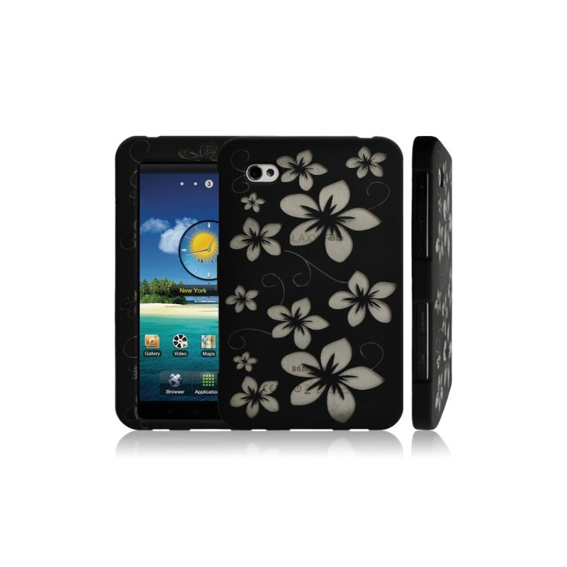 Housse étui coque rigide pour Samsung Galaxy TAB P1000 motif fleur + couleur noir