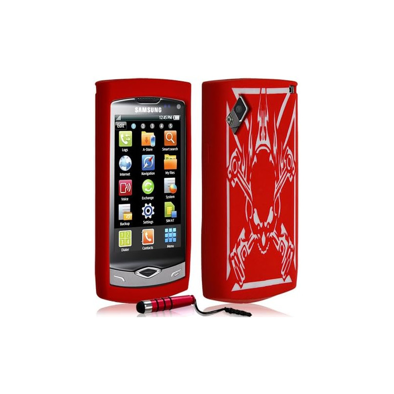 Housse étui coque silicone pour Samsung Wave s8500 motif tête de mort couleur rose fuschia + stylet