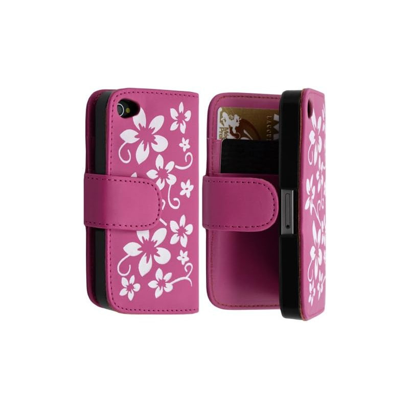 Housse coque étui portefeuille pour Apple iphone 4 / 4S motif fleur couleur rose